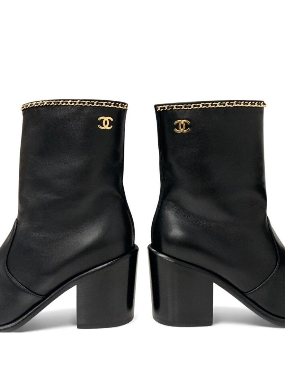 Chanel Short Boots Shoes Leather Fabric Black Gold CC Logo Chain - Picture 9 of 10